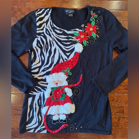 Jack B. Quick Tops - Jack B Quick Womens L Christmas Top Santa Poinsettias Beaded Zebra Print Vintage